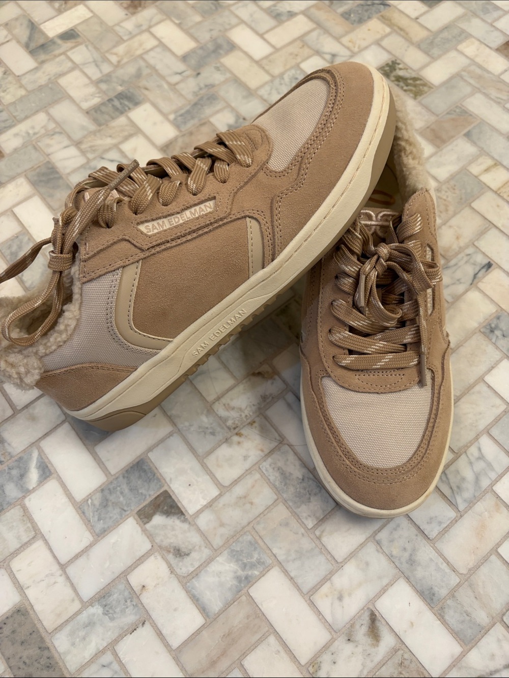 Sam Edelman womens Beige/Tan Sherpa-Lined Casual Sneakers
